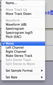 In Audacity kann man eine Spur ganz einfach auf Mono stellen