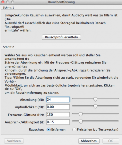 Dialogfenster zu Rauschentfernung in Audacity