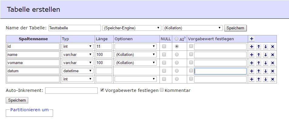 Adminer Tabelle erstellen