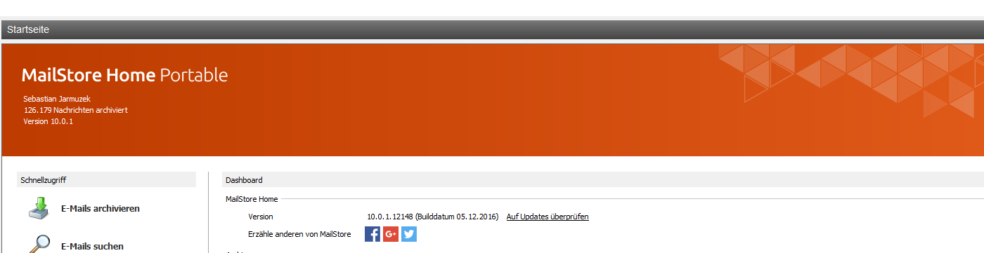 Mailstore-Home nach dem Start.