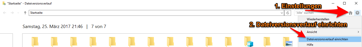 Im nun offenen Fenster rechts oben auf das Zahnrädchen klicken und die Option "Dateiversionsverlauf einrichten" auswählen.