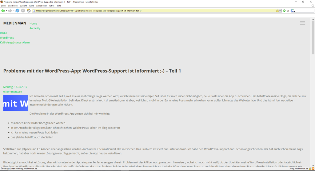 Ein Artikel aus diesem Blog im Firefox Version 1. Immerhin noch lesbar, aber vom Aufbau her leider schon etwas durcheinander.