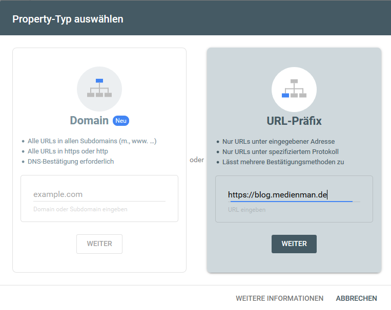 Search Konsole: Bestätigungsmethode auswählen