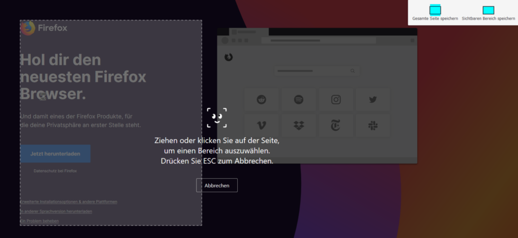 Seitenbereich für den Screenshot auswählen